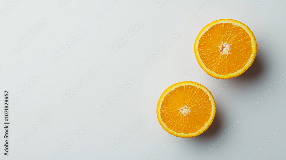 Minimalist composition of two orange halves on a clean white background, emphasizing simplicity and freshness Minimalist composition of two orange halves on a clean white background, emphasizing simplicity and freshness