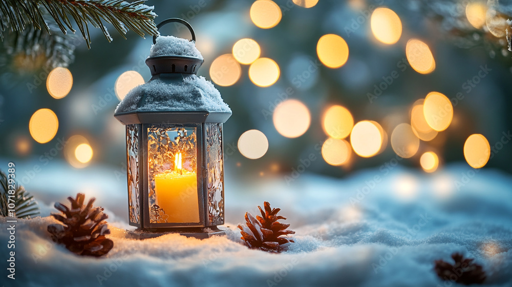 A cozy lantern lights up snow, pine cones, and soft bokeh on a winter evening A cozy lantern lights up snow, pine cones, and soft bokeh on a winter evening