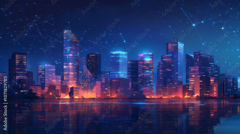 Obraz premium A futuristic city scene with a focus on technology and data security. The design uses a blue color scheme and a low-poly style, representing global connectivity and the power of social networks.