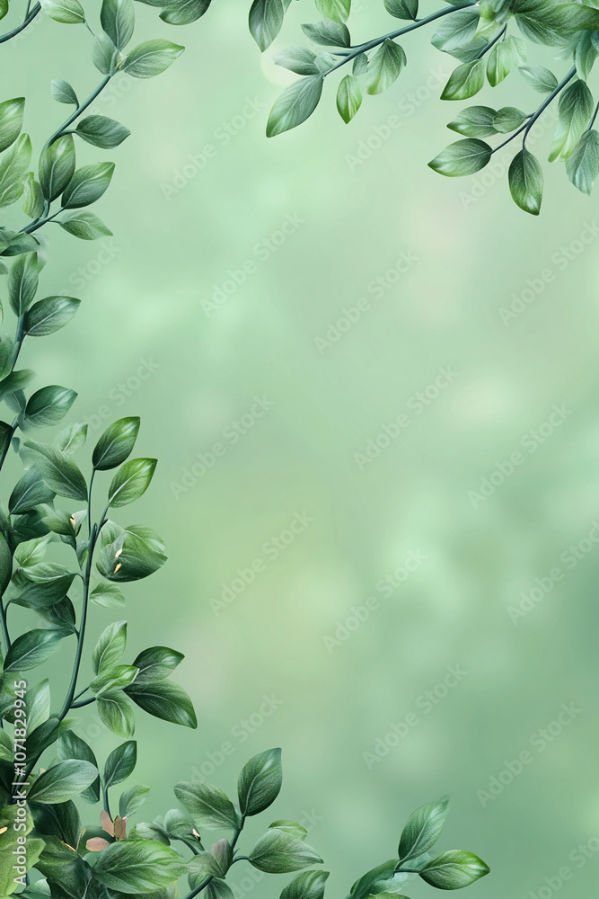 Green leaves frame a soft, green background, creating a peaceful and natural aesthetic Green leaves frame a soft, green background, creating a peaceful and natural aesthetic