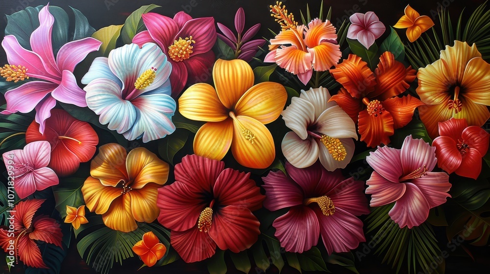 Fototapeta premium A vibrant arrangement of colorful hibiscus flowers against a dark background.