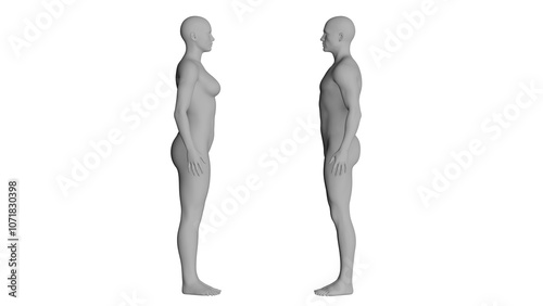 White Male and Female Mannequin Standing and Facing Eachother. Isolated on Transparent Background.
