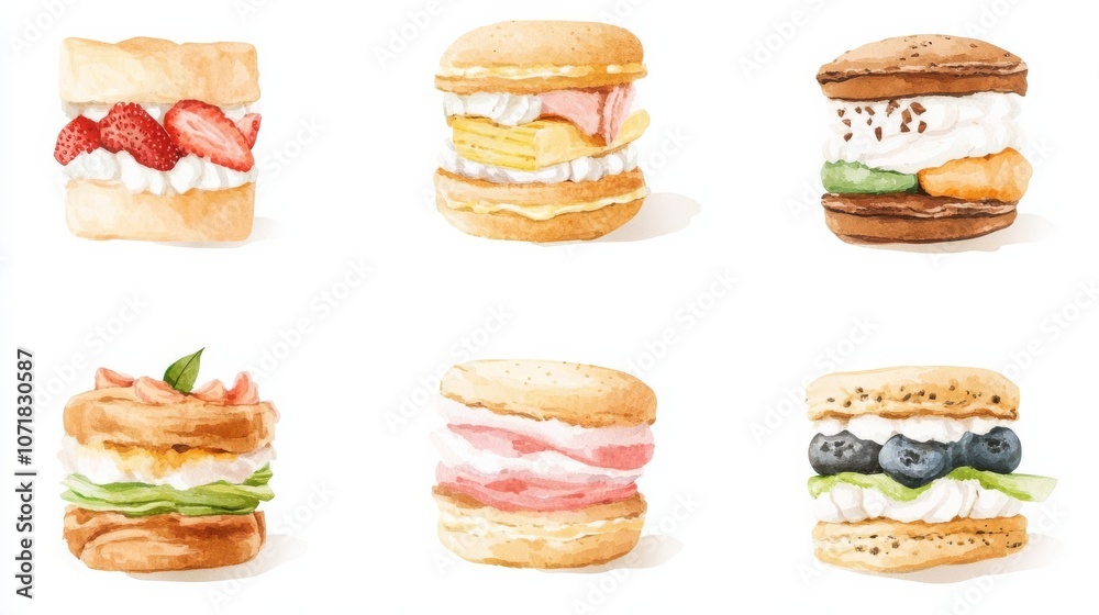 Instructional illustration of 6 different style Hamburger, on white background, clipart, item, watercolor style Instructional illustration of 6 different style Hamburger, on white background, clipart, item, watercolor style