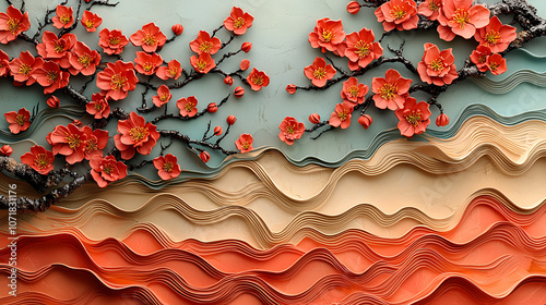 Layered floral art with vibrant cherry blossoms and textured waves