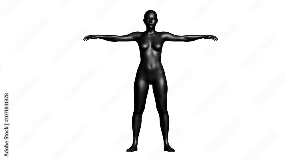 Black Female Mannequin in T-Pose Isolated on Transparent Background. Front View. Black Female Mannequin in T-Pose Isolated on Transparent Background. Front View.