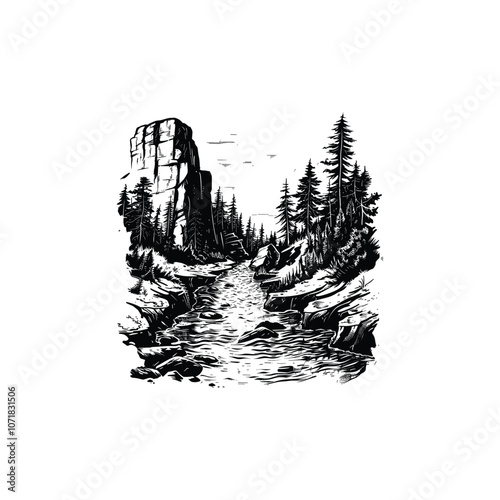 canyon river engraving logo vintage vector template illustration