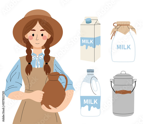Milkmaid. Girl with clay pot. Milk in glass bottle, cardboard box, metal bidon and plastic bottle. Set of flat vector illustration on white background.