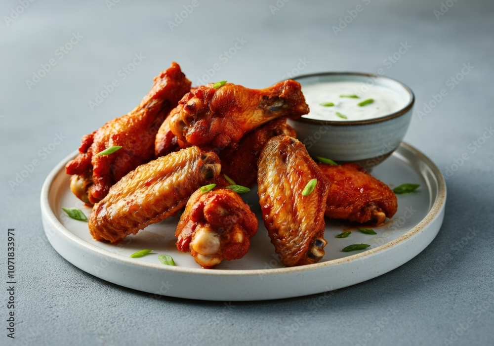 Close-up of Spicy Chicken Wings with Creamy Dip and Green Onions on a Plate Close-up of Spicy Chicken Wings with Creamy Dip and Green Onions on a Plate