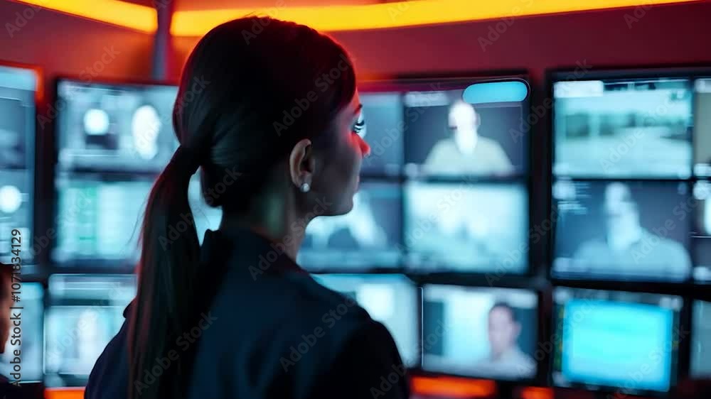 Woman Monitoring Multiple Screens in Security Control Room
