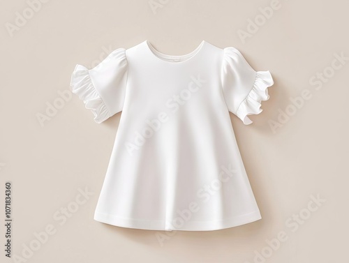 Simple blank dress with puffed sleeves, soft shadows on light background, for children s apparel branding photo