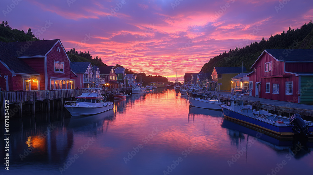 Fototapeta premium Vibrant sunset over a calm harbor with colorful buildings and boats