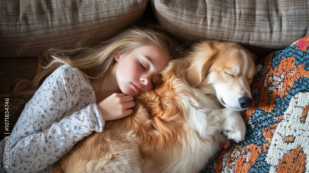 A girl is sleeping with a dog on a couch A girl is sleeping with a dog on a couch