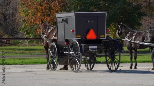 Amish horse and buggy parked in a small town