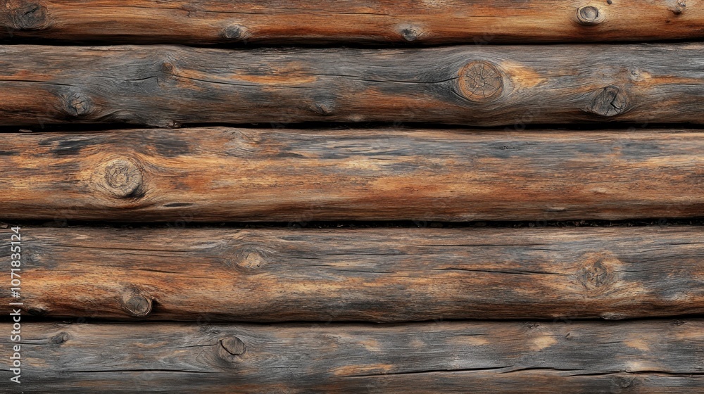 Fototapeta premium A close-up view of weathered wooden logs arranged horizontally.