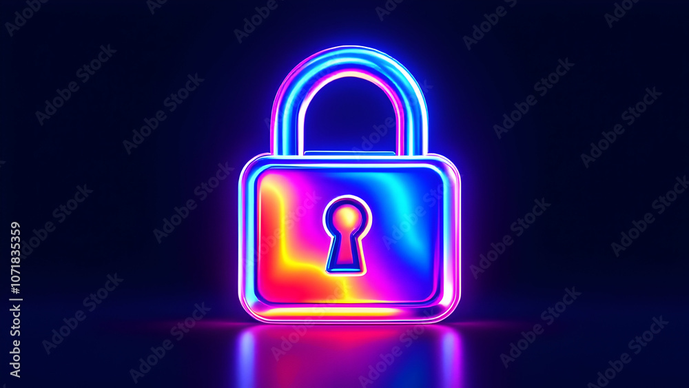 A brightly colored neon glowing padlock symbol with a keyhole on a dark background with a subtle reflection. A brightly colored neon glowing padlock symbol with a keyhole on a dark background with a subtle reflection.