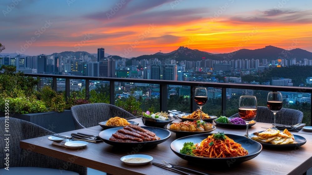 Fototapeta premium Rooftop Dining with Scenic City View at Sunset