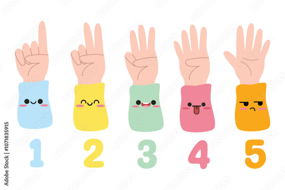 Obraz premium Cute hands gestures element set in kawaii style. Hands counting from 1 to 5. Preschool teaching, study numbers and count. Cartoon fingers