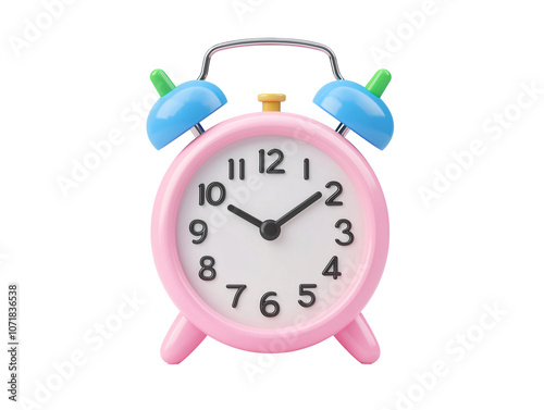 a pink alarm clock with blue bells