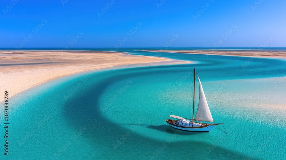 Obraz premium A serene white sailboat anchored in a tranquil turquoise lagoon under bright daylight reflects nature's beauty in delicate textures