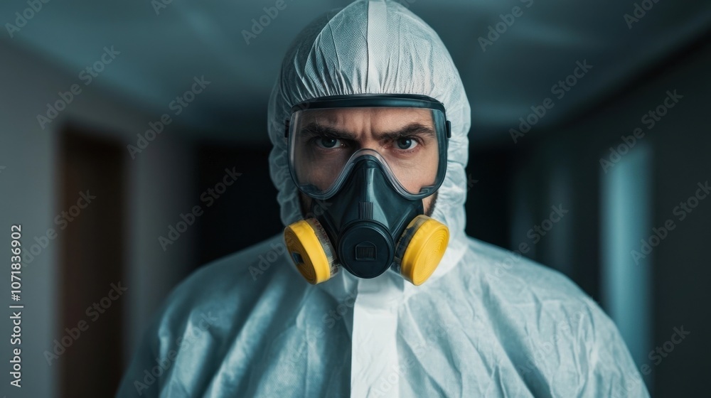 A worker wearing a complete biohazard suit including a protective hood goggles and respirator standing in a controlled environment to safeguard against potential exposure to hazardous materials A worker wearing a complete biohazard suit including a protective hood goggles and respirator standing in a controlled environment to safeguard against potential exposure to hazardous materials