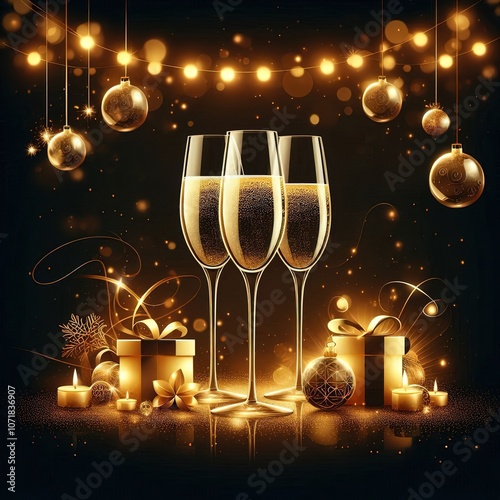 Illustration of elegant champagne glasses against background of Christmas lights, New Year's balls, candies, lights, with bokeh effect.