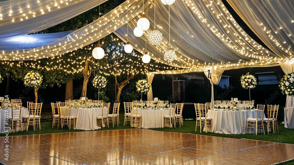 An outdoor party setup at night with string lights, white linens, and gold chairs