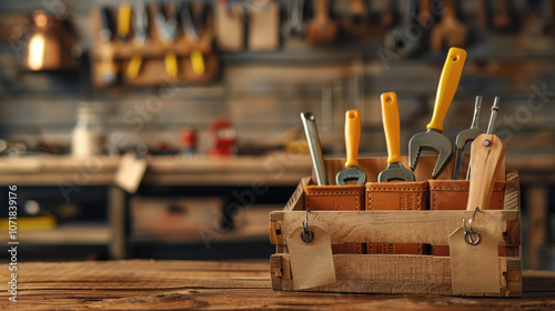 wooden crate filled with various hand tools, including wrenches and screwdrivers, set against blurred workshop background. tools have yellow handles, adding pop of color