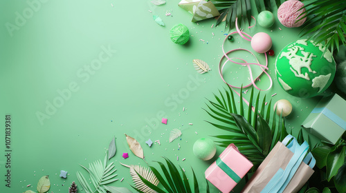 Colorful gifts and decorative items arranged on green background, surrounded by leaves and ornaments, creating festive atmosphere photo