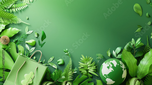 vibrant green background featuring various leaves, globe, and shopping bag, symbolizing eco friendliness and sustainability. Perfect for environmental themes