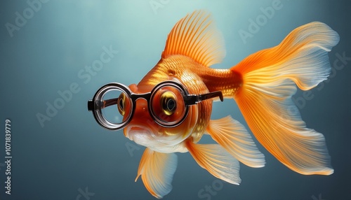 an unusual goldfish with large glasses demonstrating comicality and uniqueness photo