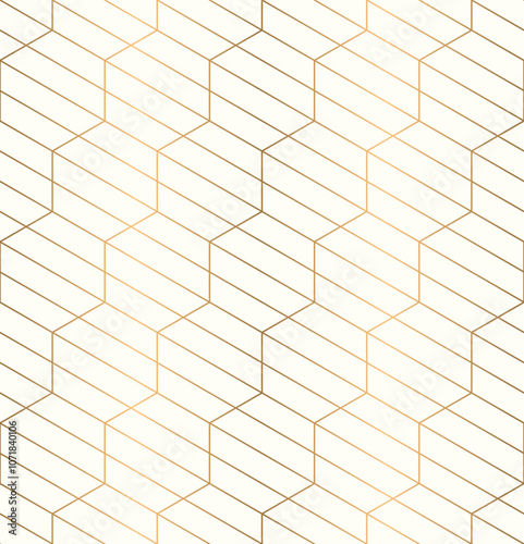 Seamless geometric pattern with gold hexagon shape and stiped line on beige background, vector.