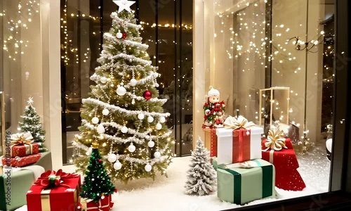 Festive Christmas Window Display with Decorated Tree
