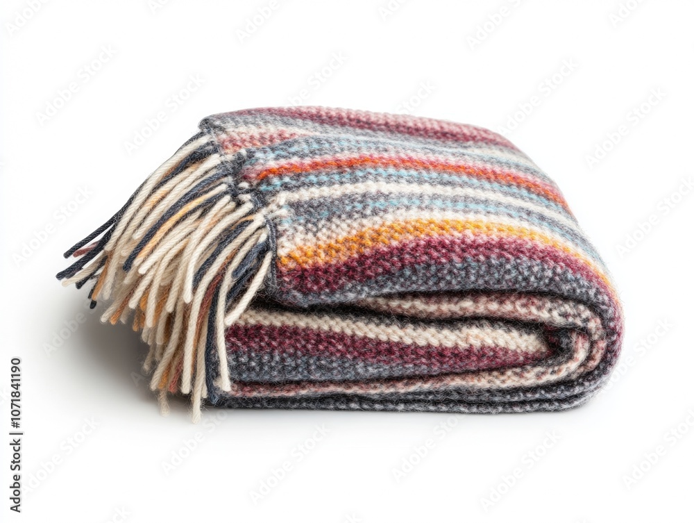 Fototapeta premium Folded colorful wool blanket with fringes, white isolate background.