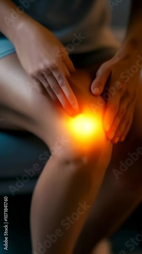 Wallpaper Mural Close up of woman experiencing intense knee pain, highlighted by orange glow, touching her leg with her hands, seeking relief Torontodigital.ca