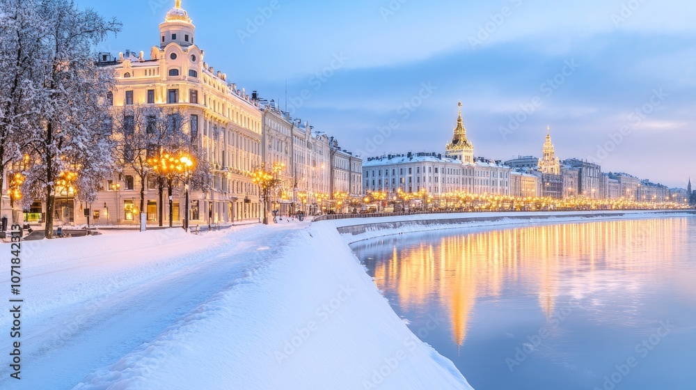 Winter evening serenity along the riverbank, where golden lights dance on snow and reflections create a magical atmosphere Winter evening serenity along the riverbank, where golden lights dance on snow and reflections create a magical atmosphere