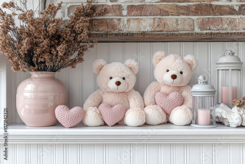 Charming Mantel Display with Plush Teddy Bears and Cozy Decor