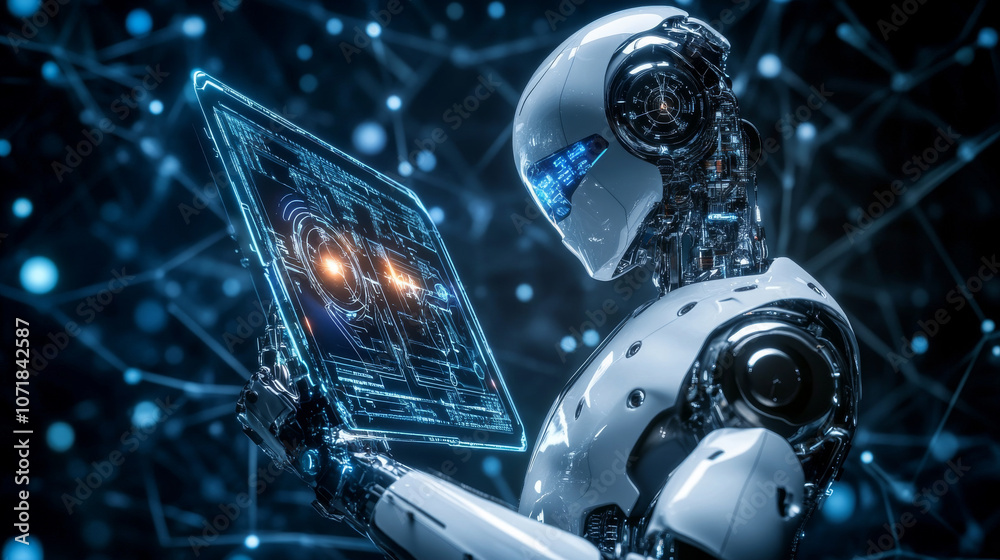 A robot-like figure, dressed in shiny, silver clothing, holds a screen showing glowing symbols. This represents a futuristic technology idea. A robot-like figure, dressed in shiny, silver clothing, holds a screen showing glowing symbols. This represents a futuristic technology idea.