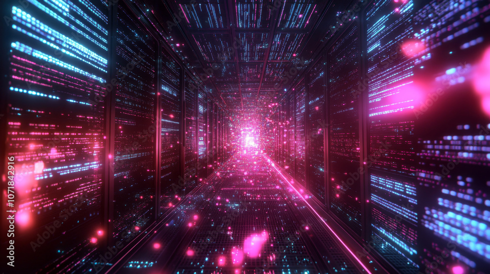 Obraz premium A server rack glows brightly, surrounded by a digital landscape of code and flowing data. This represents the heart of the technology behind artificial intelligence.