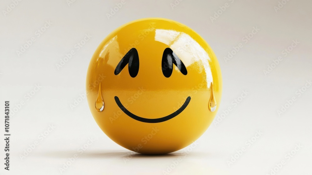 Fototapeta premium Anxious emoticon with a hesitant smile and sweat drop, isolated on white to represent nervousness