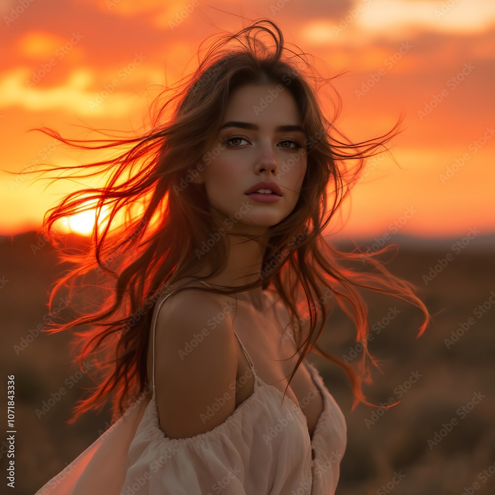 Naklejka premium A beautiful young woman standing against a vibrant sunset