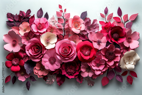 Valentine?s Day decor.Delicate Paper Flower Arrangement with Pink and Red Blooms photo