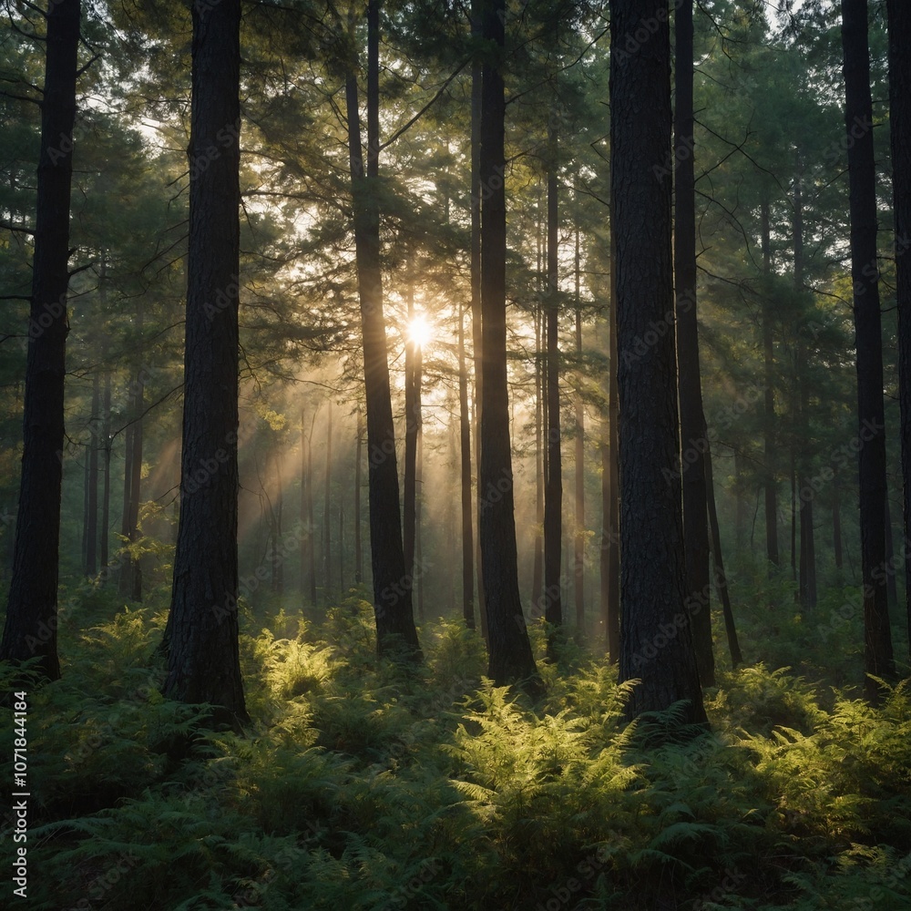 Obraz premium A serene forest at dawn, with soft sunlight filtering through the trees.