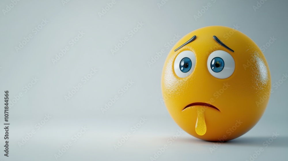 Fototapeta premium Sad emoticon with downturned mouth and tear, isolated on white, conveying sadness