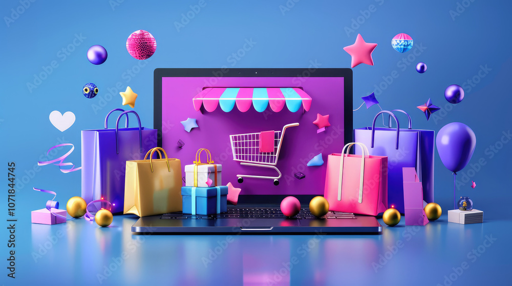 vibrant digital shopping scene featuring laptop with shopping cart, colorful bags, and festive decorations, evoking excitement and joy in online shopping vibrant digital shopping scene featuring laptop with shopping cart, colorful bags, and festive decorations, evoking excitement and joy in online shopping
