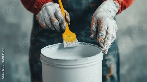 Skilled Hands of a Professional Worker Expertly Wielding a Paintbrush for a Creative Renovation or Home Improvement Project Painting a Wall or Surface with Precision and Care photo