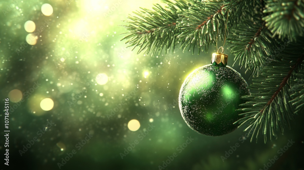Green Christmas Ornament Hanging From a Pine Branch With a Soft Green Bokeh Background Green Christmas Ornament Hanging From a Pine Branch With a Soft Green Bokeh Background