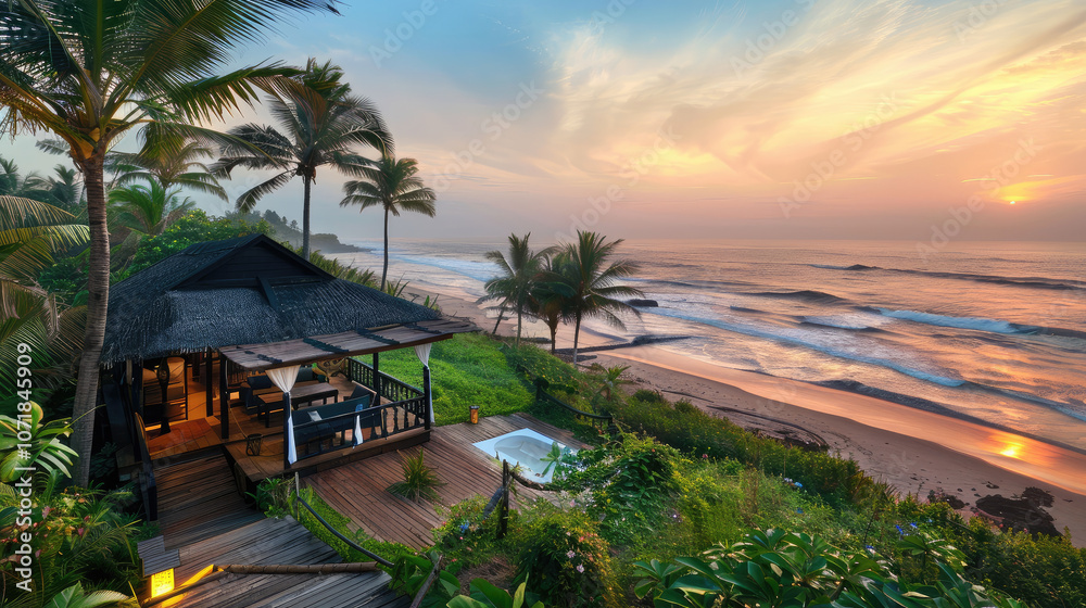 Fototapeta premium serene beachside villa surrounded by palm trees, overlooking ocean at sunset. warm colors of sky reflect on water, creating tranquil atmosphere