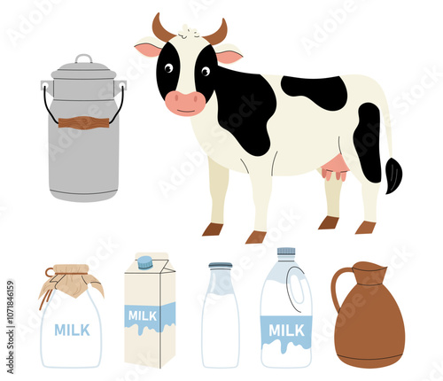 Cute pet cow. Milk in glass bottle, cardboard box, metal bidon and plastic bottle. Set of flat vector illustration on white background.