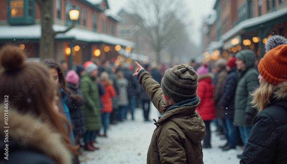 Obraz premium A crowd gathers in winter wonderland to celebrate Groundhog Day with excitement and anticipation under the snowflakes