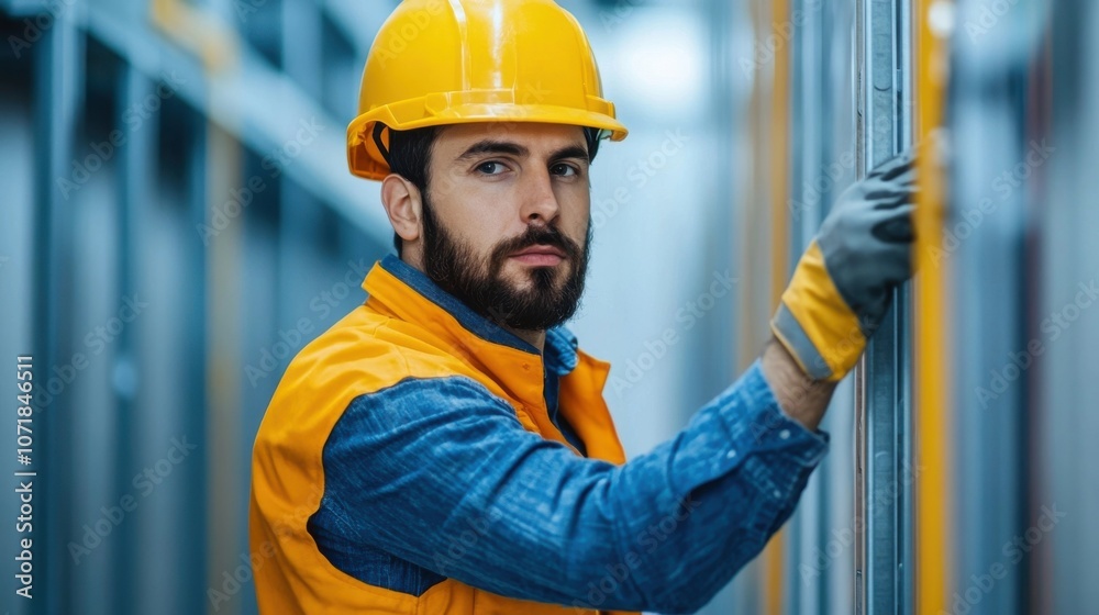 Portrait of a bearded construction worker wearing a yellow hard hat and safety vest standing at a building site or worksite with industrial machinery and equipment in the background